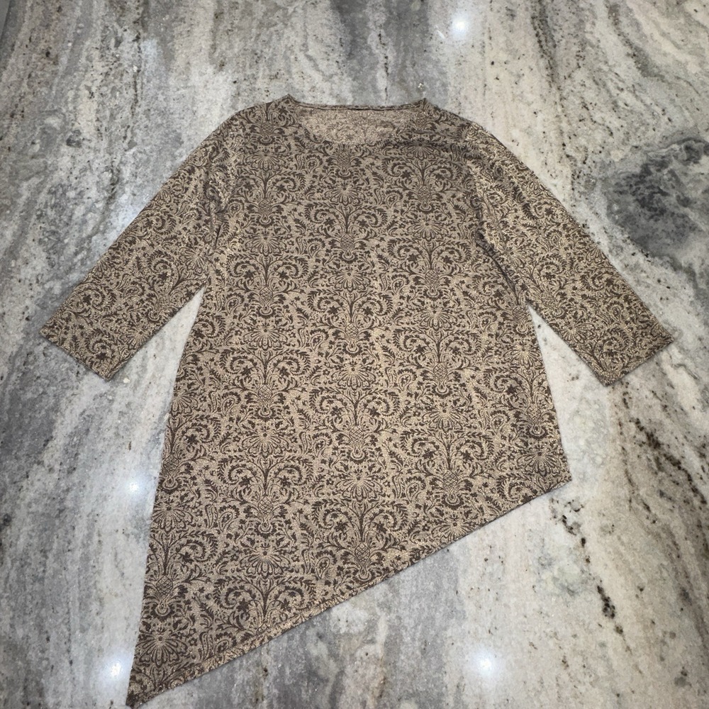Chicos Sz 2 Medium Asymmetric 3/4 Sleeve Blouse Metallic Gold Brown Paisley Boho